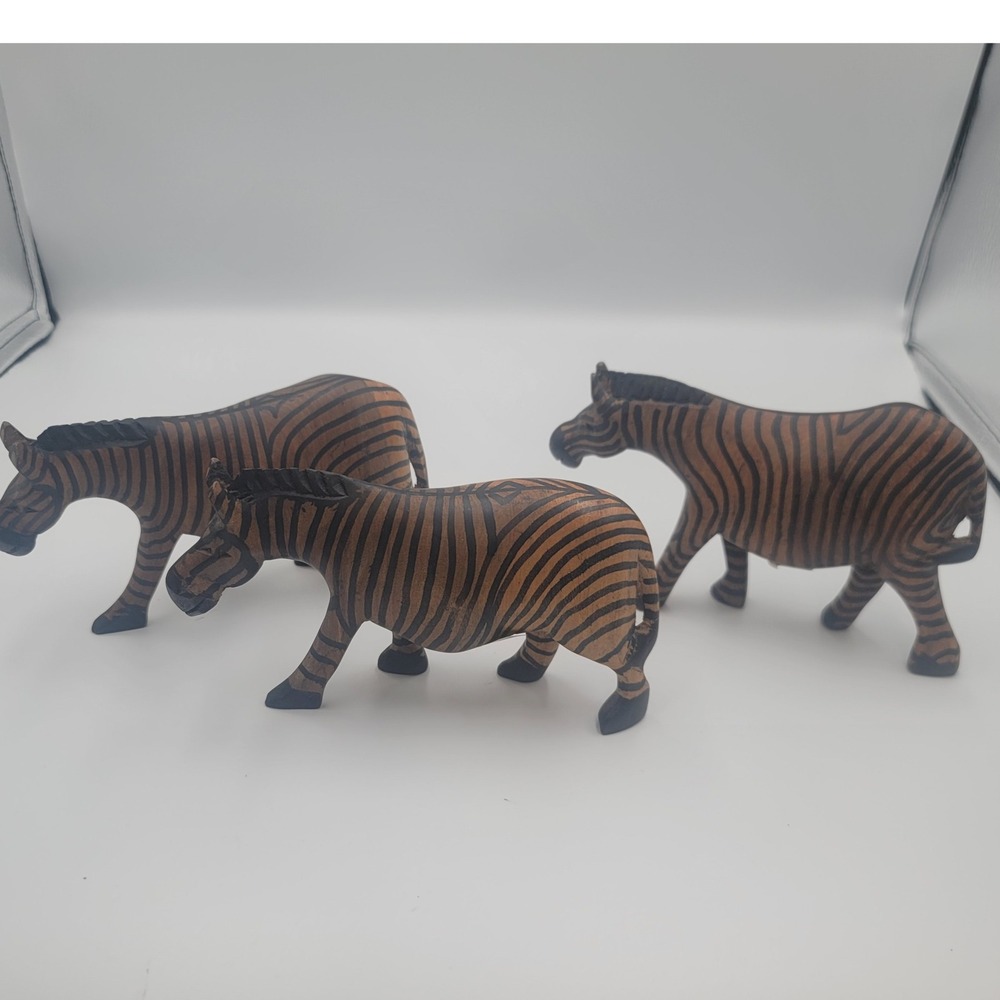 Vintage Kenyan Hand Carved Wooden Zebra Figurines Set of 3 Safari Art Decor